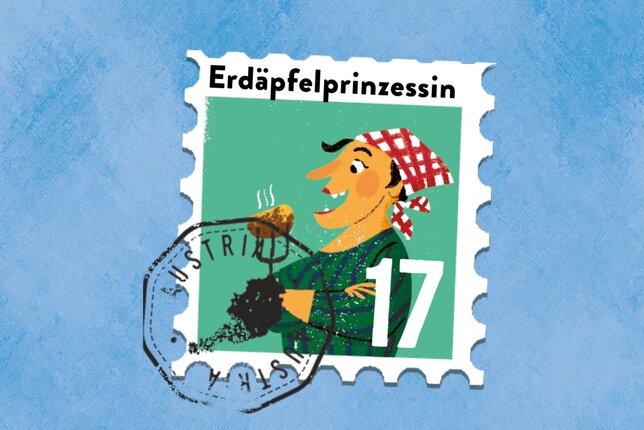 SONNENTOR Gewürzadventkalender - Türchen 17: Die Illustration zeigt Sieglinde mit einem Erdäpfel auf einer Gabel! | © SONNENTOR