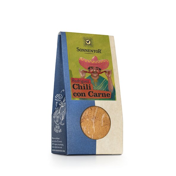 Foto einer Packung Rodriguez' Chili con Carne. Auf der Packung ist ein Mann mit einem Hut und zwei Pfefferoni als Bart zu sehen