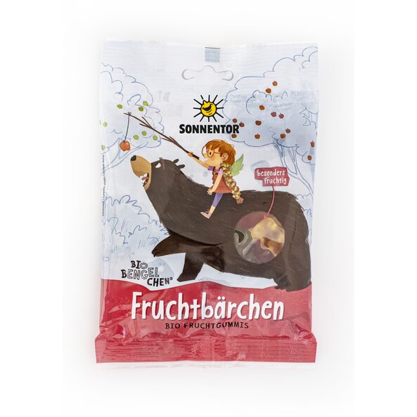 Photo of a bag of fruit bears. On it you can see a girl sitting on a bear and fishing fruits from the trees.