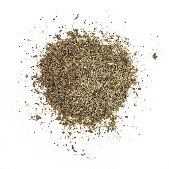 Open crushed herb mixture depicted on a white background.