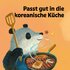 Illustration of a panda bear with a grill pan, barbecue food and a spatula on a light orange background with the words: ‘Fits well in Korean cuisine’.