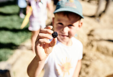 Auf dem Foto sieht man einen Jungen mit einer Brombeere in der Hand im Sonnenscheinchen Garten. | © SONNENTOR