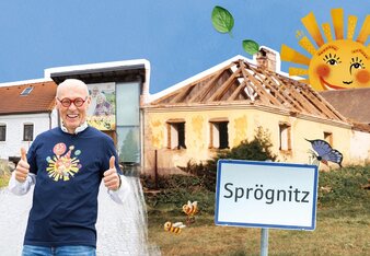 Das Foto besteht aus 2 zusammengefügten Fotos des Haupteingangs in Sprögnitz, die rechte Seite ist aus dem Jahr 1992, die linke aus dem Jahr 2023.  | © SONNENTOR