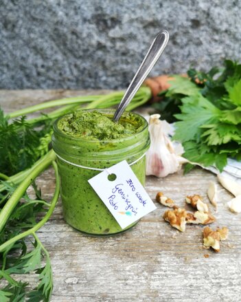 Auf dem Foto ist ein Glas mit Gemüsegrün Pesto zu sehen. Neben dem Glas sind Petersilie, Knoblauch und Walnüsse zu sehen. | © SONNENTOR